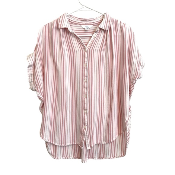 2/$15 Time and Tru - Pink & White Striped Button-Down Short Sleeve Shirt - Picture 1 of 8